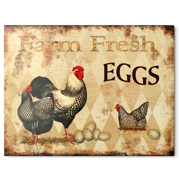 Vintage Farmhouse Tin Metal Sign Farm Rooster Chicken and Eggs Wall Art Decor 